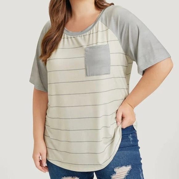2/$25 Size 22  24 3x • BloomChic • Striped Patched Pocket Raglan Sleeve T-Shirt - Picture 2 of 7